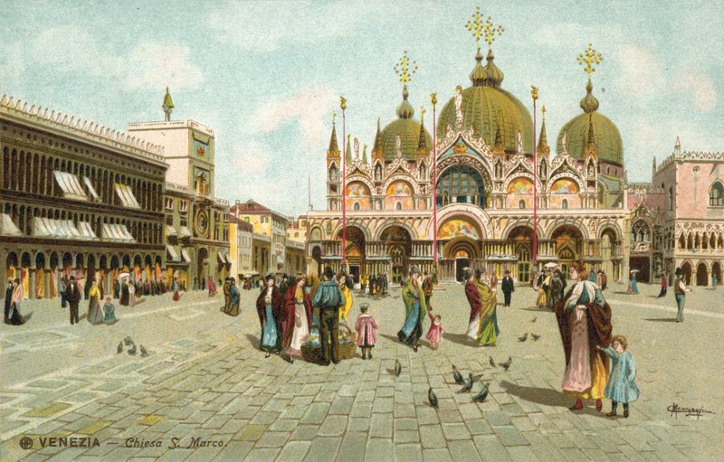 Place Saint-Marc, Venise (lithographie couleur) - Italian School