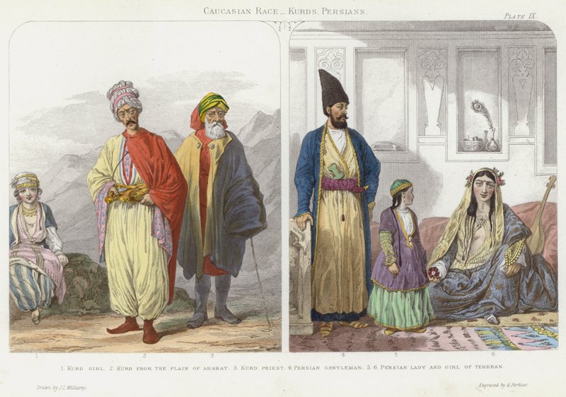 Race caucasienne, Kurdes, Perses (gravure en couleur) - J.L. (after) Williams
