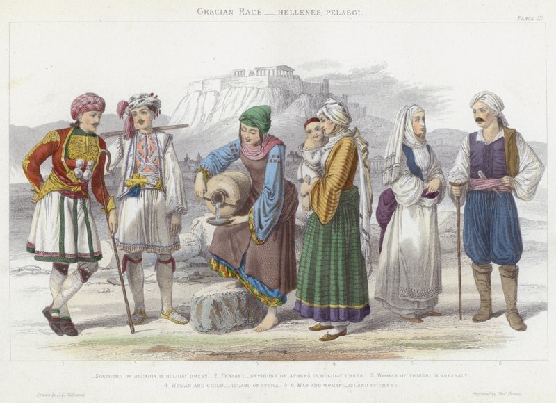 Race grecque, Hellènes, Pélasges (gravure en couleur) - J.L. (after) Williams