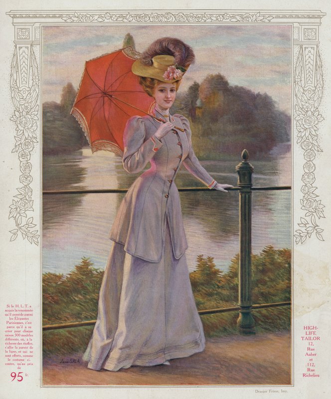Femme en longue robe violette, tenant un parasol - Jean Sala