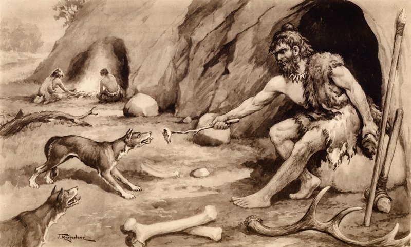 Homme des cavernes nourrissant un chien - John Macfarlane