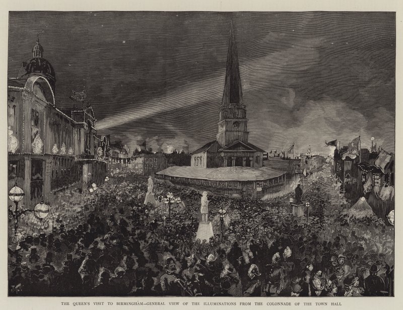 La visite de la reine à Birmingham, vue générale des illuminations depuis la colonnade de l