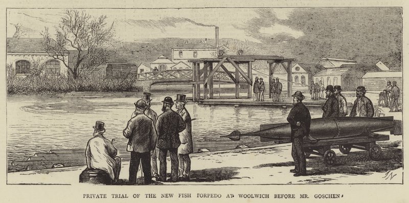Essai privé de la nouvelle torpille à poisson à Woolwich devant M. Goschen - Joseph Nash