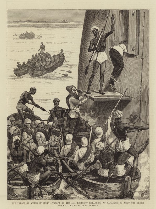 Le Prince de Galles en Inde, troupes du 43e régiment embarquant à Cananore pour rencontrer le Prince - Joseph Nash