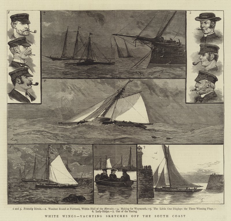 Ailes blanches, croquis de yachting au large de la côte sud - Joseph Nash