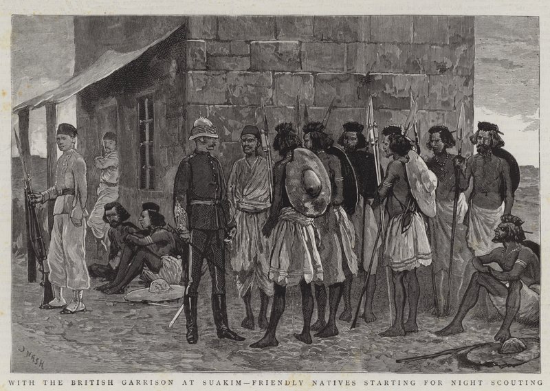 Avec la garnison britannique à Suakim, des indigènes amicaux partant pour une reconnaissance nocturne - Joseph Nash