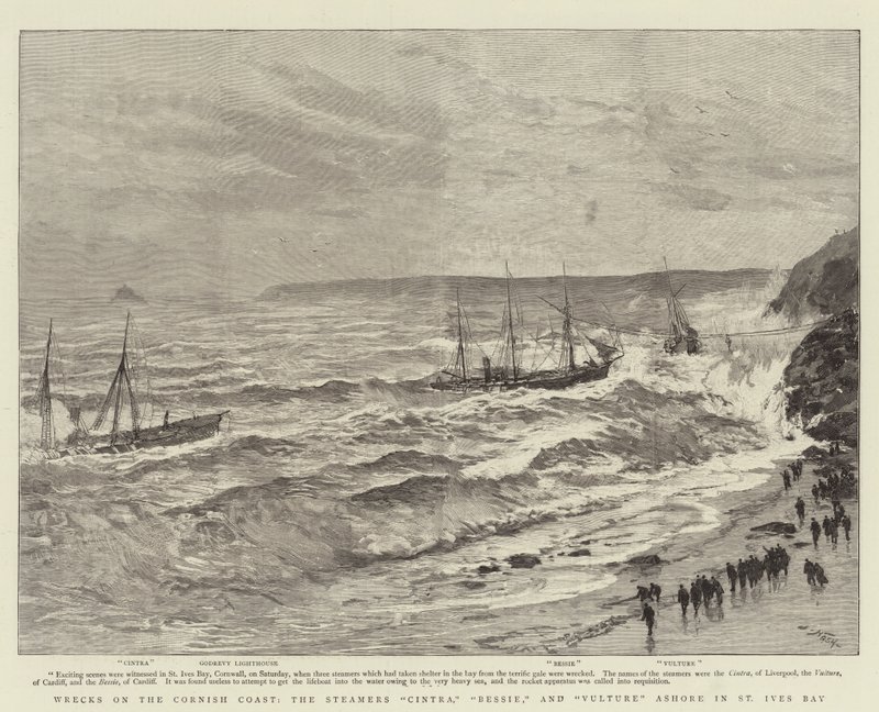 Épaves sur la côte de Cornouailles, les vapeurs Cintra, Bessie et Vulture échoués dans la baie de St Ives - Joseph Nash