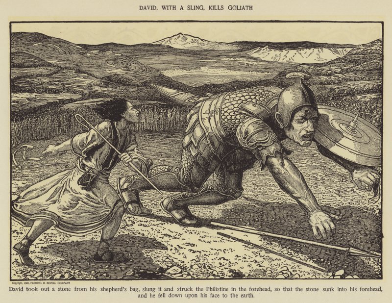 David, avec une fronde, tue Goliath - Louis John Rhead