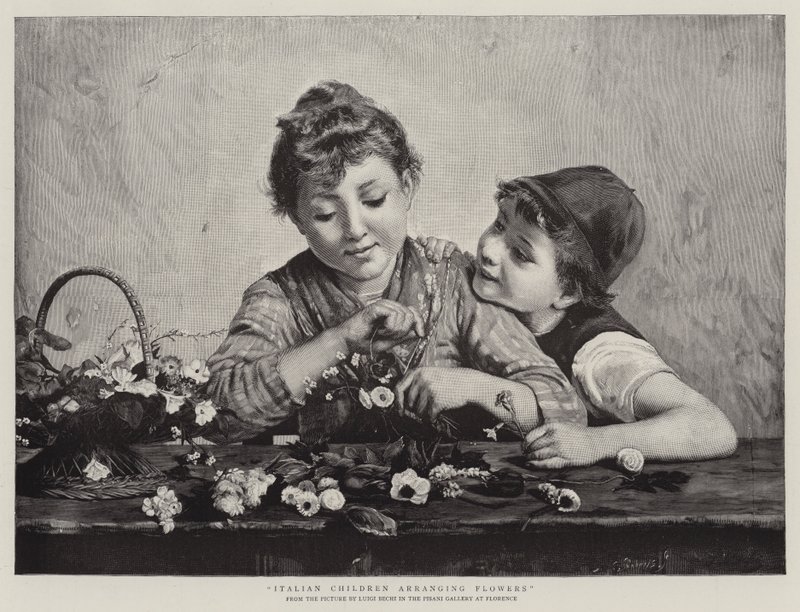 Enfants italiens arrangeant des fleurs - Luigi Bechi