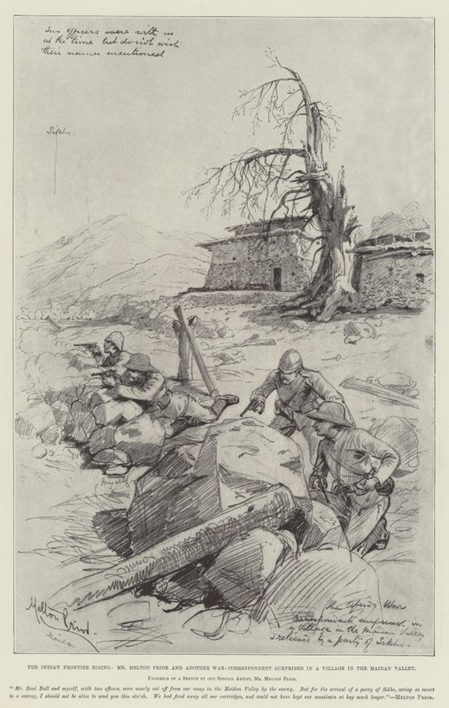 Le soulèvement de la frontière indienne, M. Melton Prior et un autre correspondant de guerre surpris dans un village de la vallée de Maidan - Melton Prior