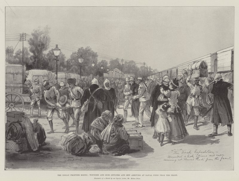 La révolte de la frontière indienne, officiers et hommes blessés et malades arrivant à Rawal Pindi du front - Melton Prior