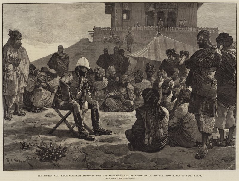 La guerre afghane, le major Cavagnari arrangeant avec les Shinwarries la protection de la route de Dakka à Lundi Khana - Richard Caton Woodville junior