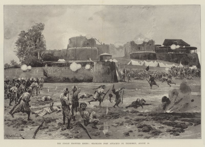 Le soulèvement de la frontière indienne, Fort de Shabkadr attaqué par les tribus, 10 août - Richard Caton Woodville junior