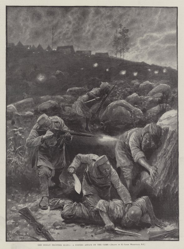 Le soulèvement de la frontière indienne, une affaire de tir par le camp - Richard Caton Woodville junior