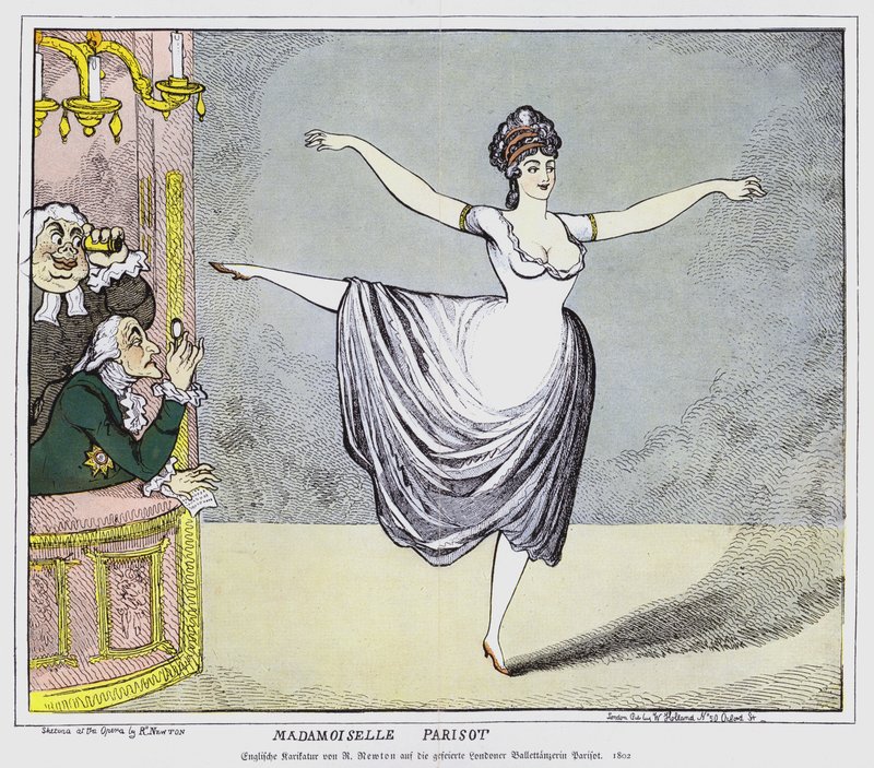 Caricature anglaise représentant des membres masculins du public captivés par une performance de la ballerine française controversée Mademoiselle Parisot, 1802 - Richard Newton