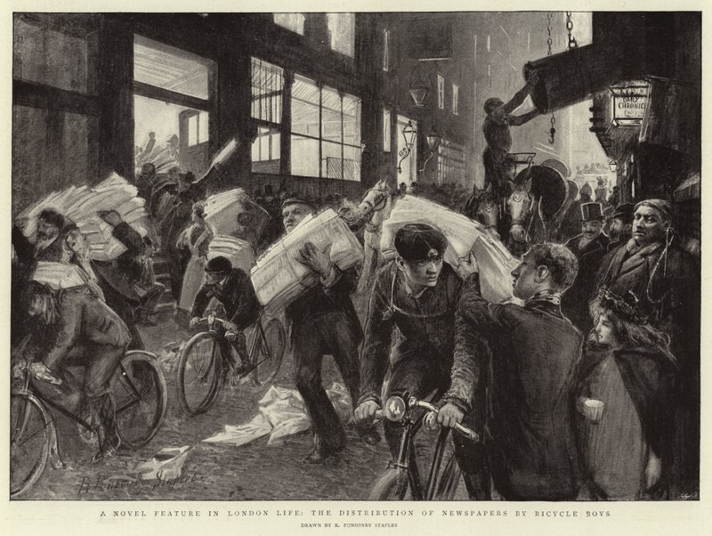 Une nouvelle caractéristique de la vie londonienne, la distribution de journaux par des garçons à vélo - Robert Ponsonby Staples