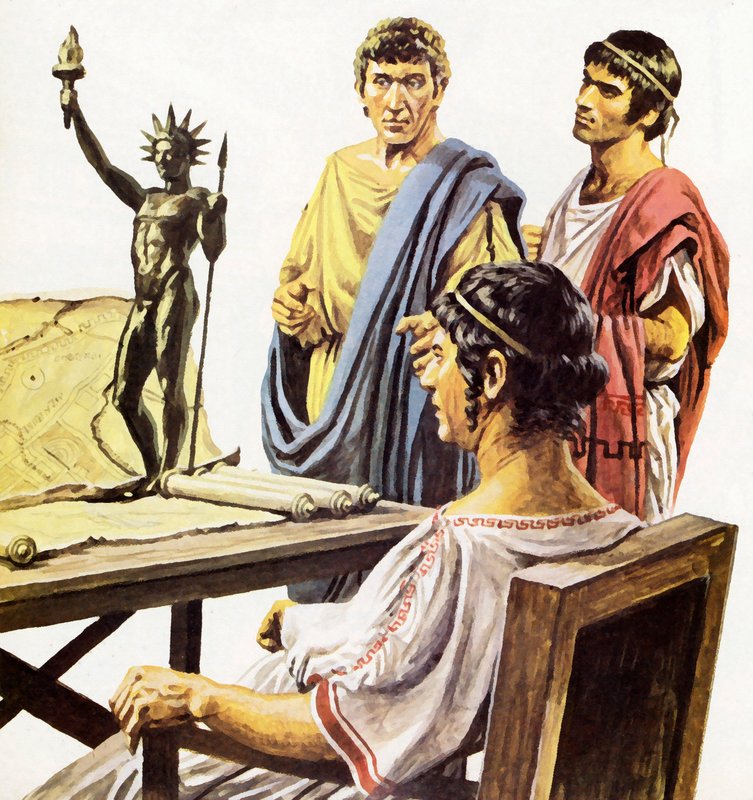 Construction du colosse de Rhodes (lithographie couleur) - Roger Payne