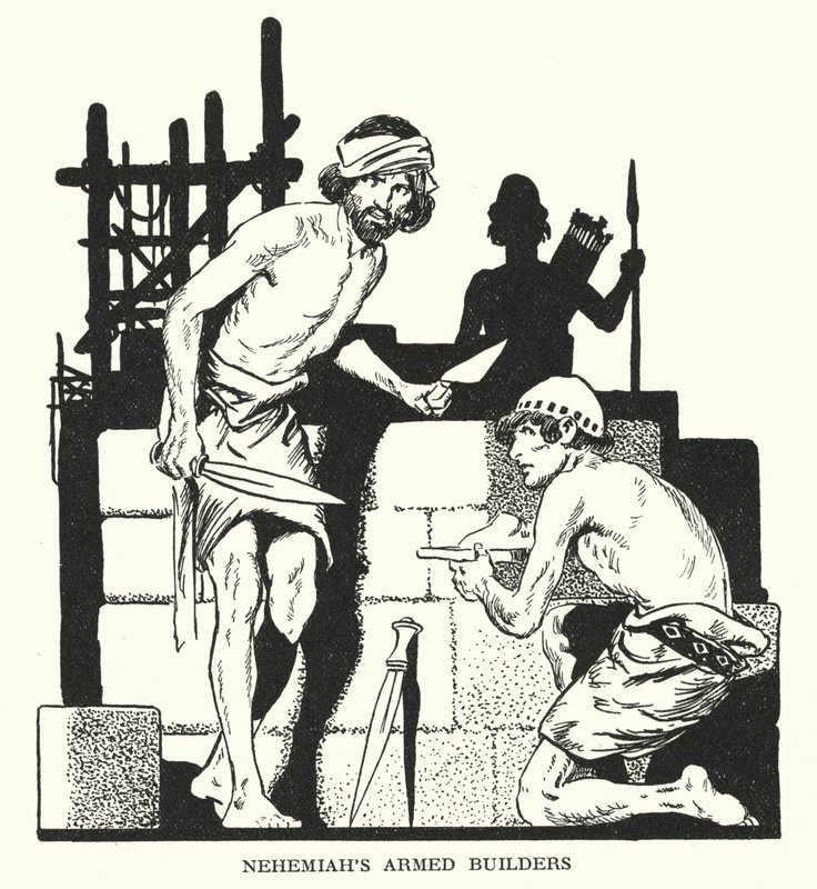 Les bâtisseurs armés de Néhémie (litho) - Thomas Heath Robinson