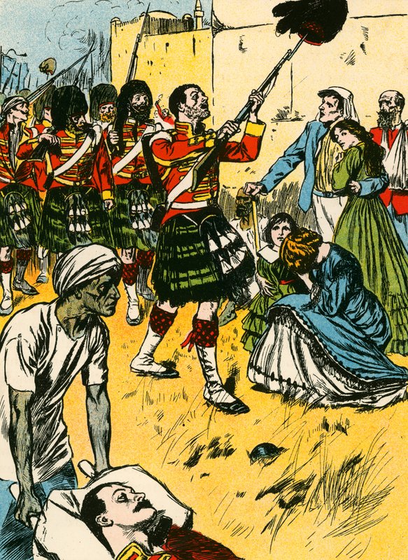 Les Highlanders entrant dans Lucknow (lithographie couleur) - Thomas Heath Robinson