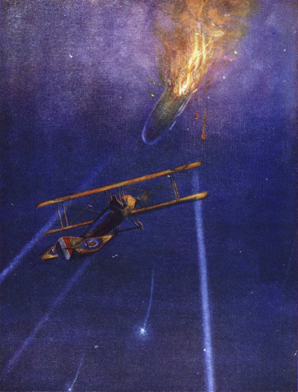Le lieutenant William Leefe Robinson attaque un dirigeable ennemi et le fait tomber en flammes au-dessus de Cuffley, Hertfordshire, septembre 1916 - W. Avis