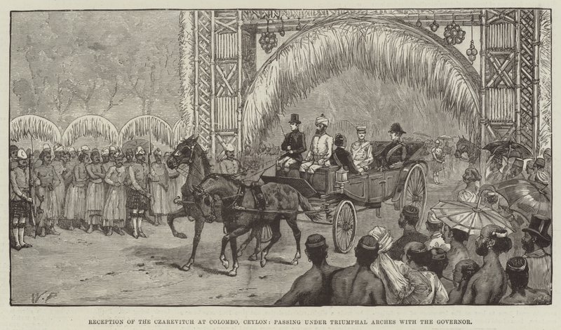 Réception du Czarevitch à Colombo, Ceylan, passant sous des arcs de triomphe avec le gouverneur - Walter Paget