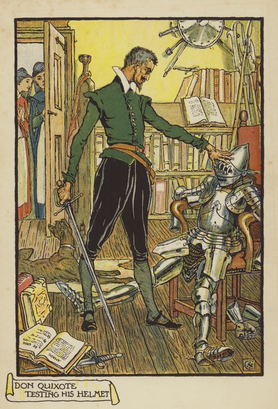 Don Quichotte testant son casque - Walter Crane