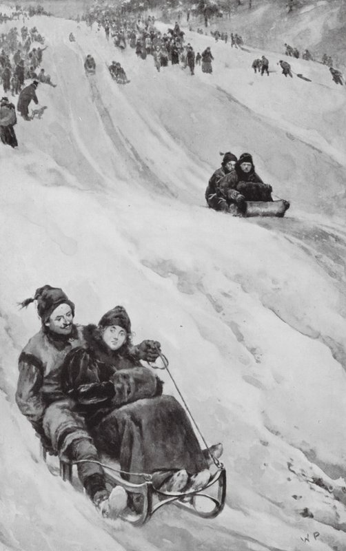Une piste de luge au Canada (lithographie) - Walter Paget
