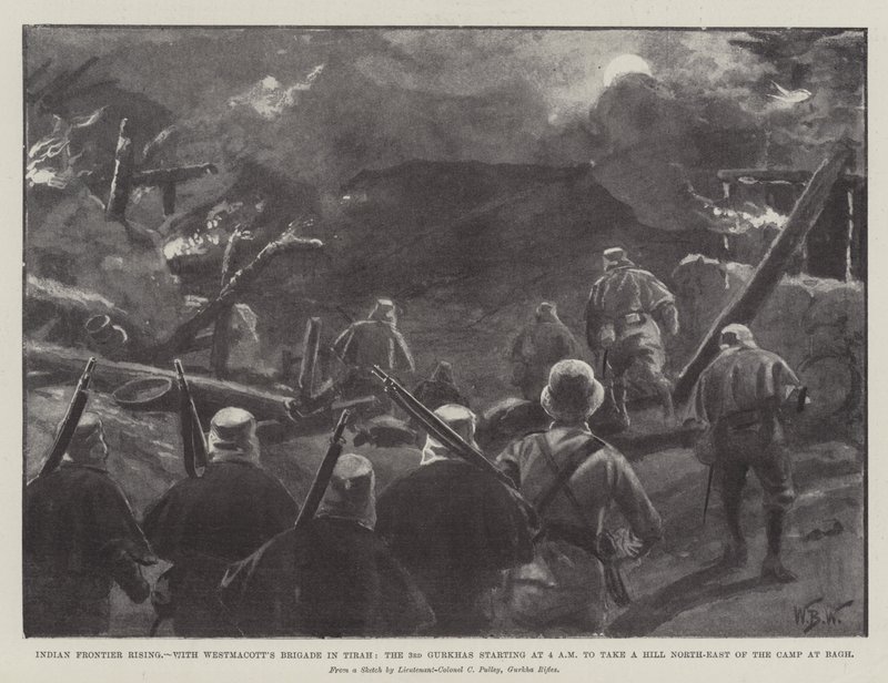Soulèvement de la frontière indienne, avec la brigade de Westmacott à Tirah, les 3e Gurkhas partant à 4h du matin pour prendre une colline au nord-est du camp de Bagh - William Barnes Wollen