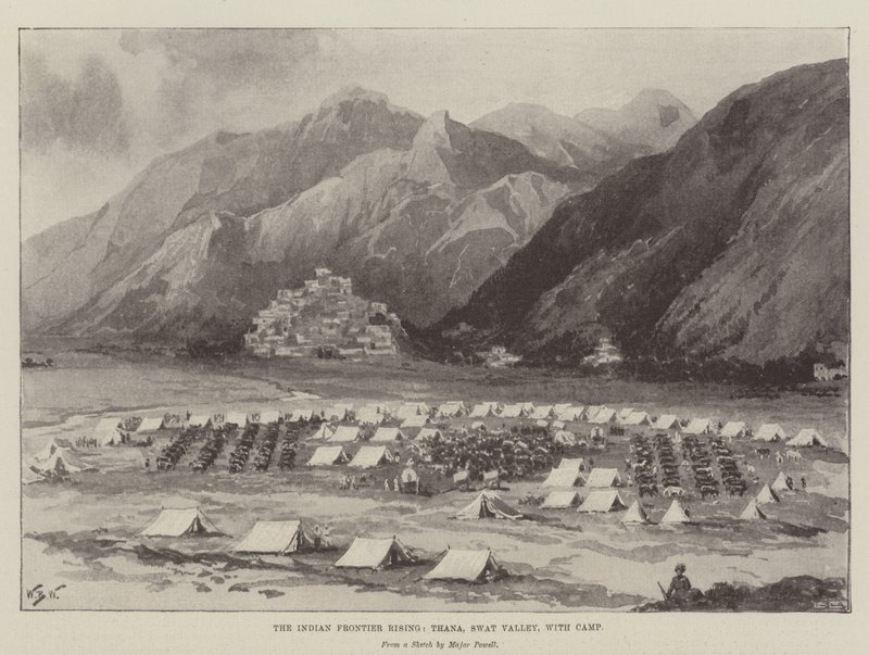 La Révolte de la Frontière Indienne, Thana, vallée de Swat, avec camp - William Barnes Wollen