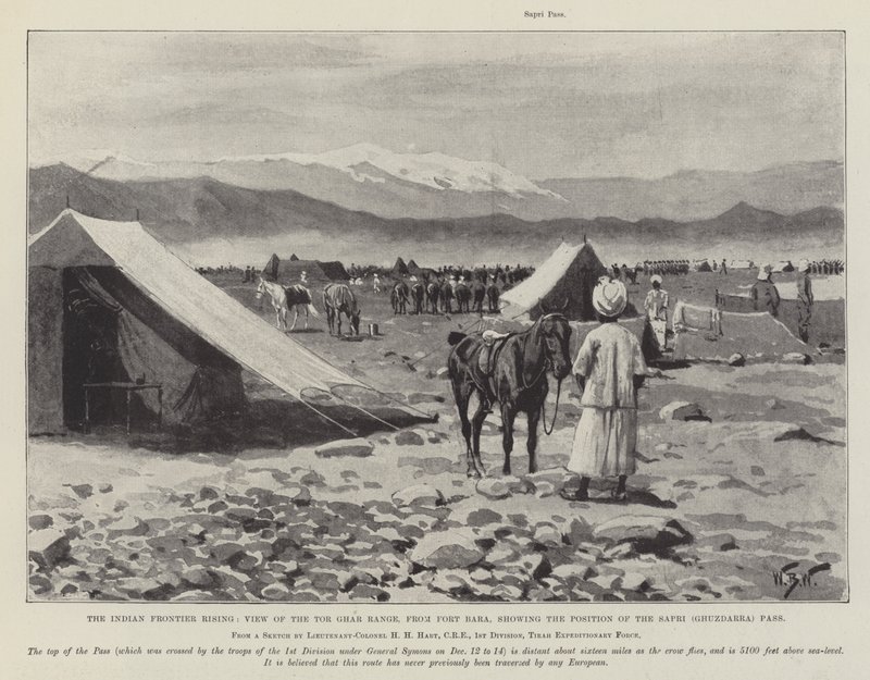 Le soulèvement de la frontière indienne, vue de la chaîne de Tor Ghar, depuis le fort Bara, montrant la position du col de Sapri (Ghuzdarra) - William Barnes Wollen