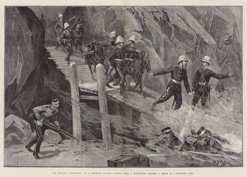 Le Tournoi Militaire, No 10 Batterie de Montagne passant sur un Pont de Spar traversant une Brèche dans un Col de Montagne - William Barnes Wollen