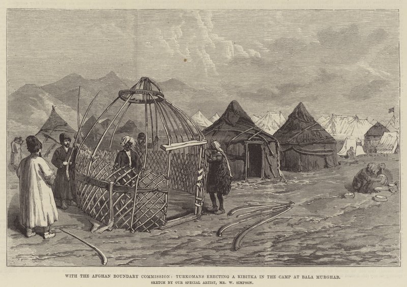 Avec la Commission des frontières afghanes, les Turkomans érigent une Kibitka dans le camp de Bala Murghab - William Crimea Simpson