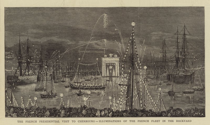 La visite présidentielle française à Cherbourg, illuminations de la flotte française dans l