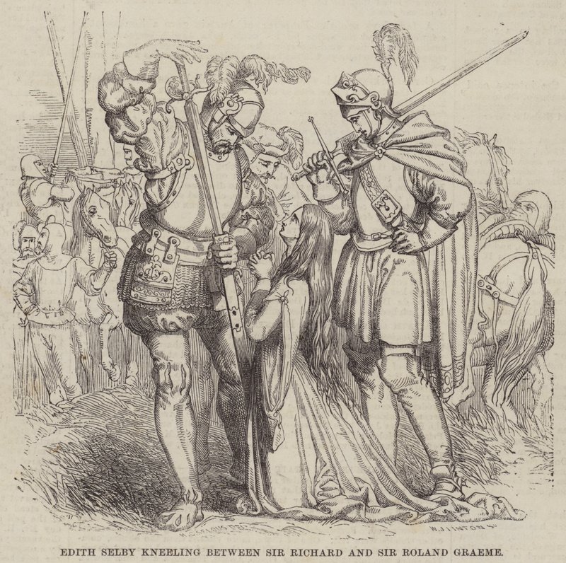 Edith Selby agenouillée entre Sir Richard et Sir Roland Graeme - William James Linton