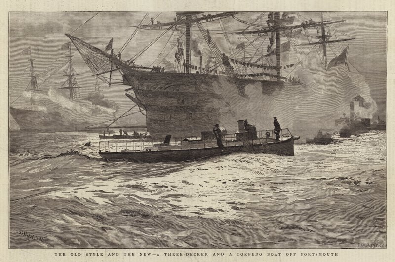 Le vieux style et le nouveau, un trois-ponts et un bateau torpilleur au large de Portsmouth - William Lionel Wyllie