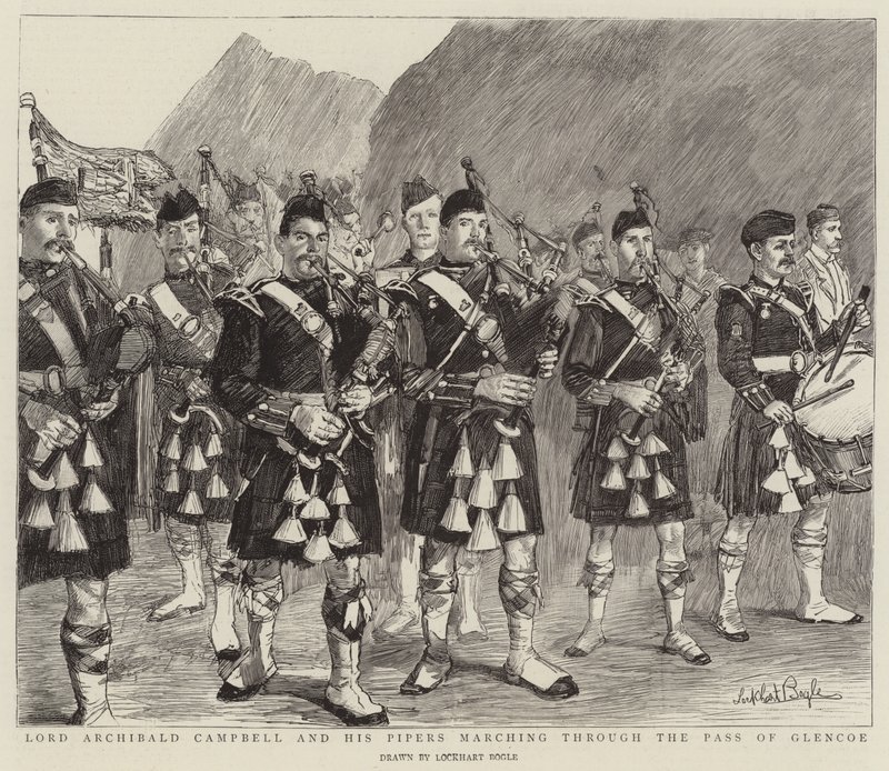 Lord Archibald Campbell et ses joueurs de cornemuse traversant le col de Glencoe - William Lockhart Bogle