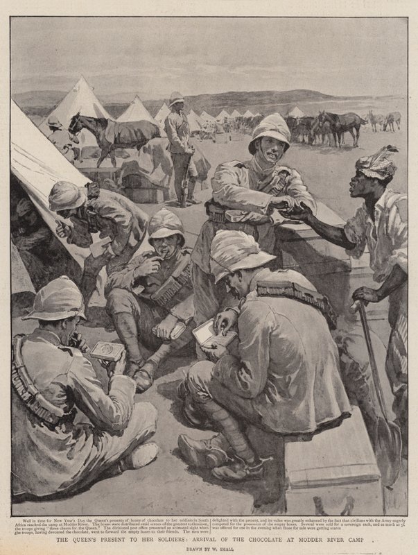 Le présent de la reine à ses soldats, arrivée du chocolat au camp de Modder River - William Small