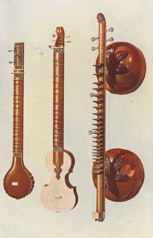 Instruments de musique : Sitars et Vina (lithographie en couleur) - William Gibb