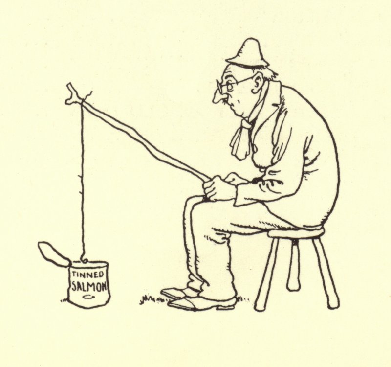 Homme pêchant du saumon en conserve - William Heath Robinson