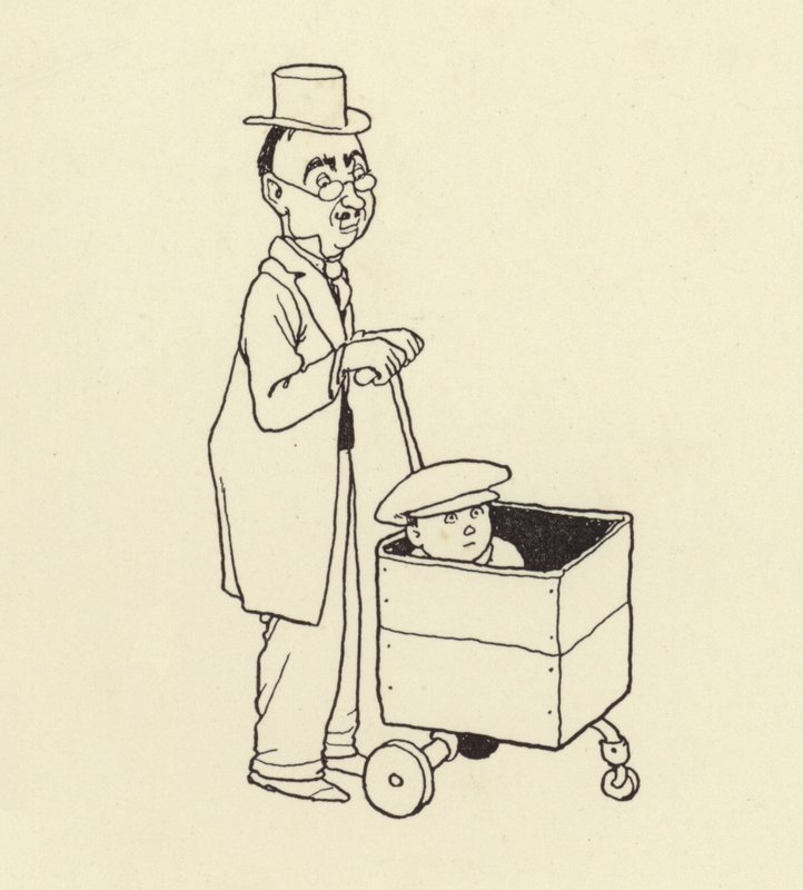 Homme poussant un garçon dans une boîte - William Heath Robinson