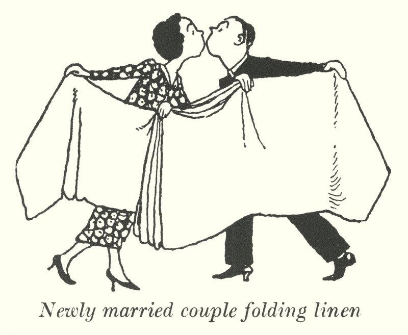 Jeune couple marié pliant du linge (lithographie) - William Heath Robinson