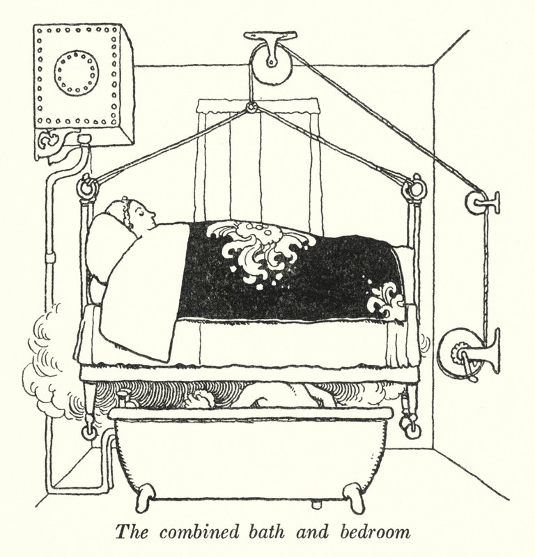 La salle de bain et chambre combinées - William Heath Robinson