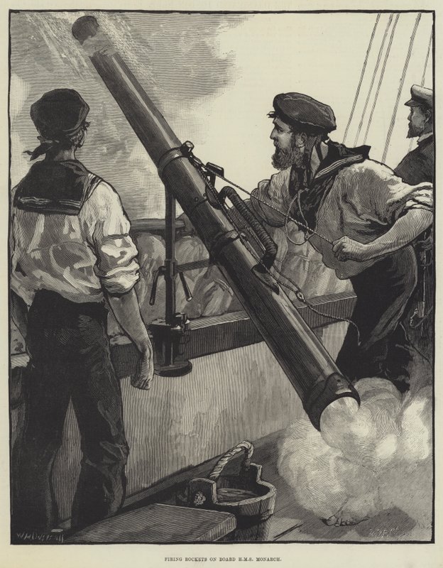 Tir de fusées à bord du HMS Monarch - William Heysham Overend