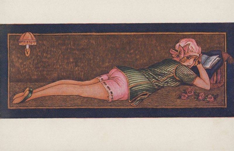 Fille lisant en pyjama et bonnet de nuit - Xavier Sager