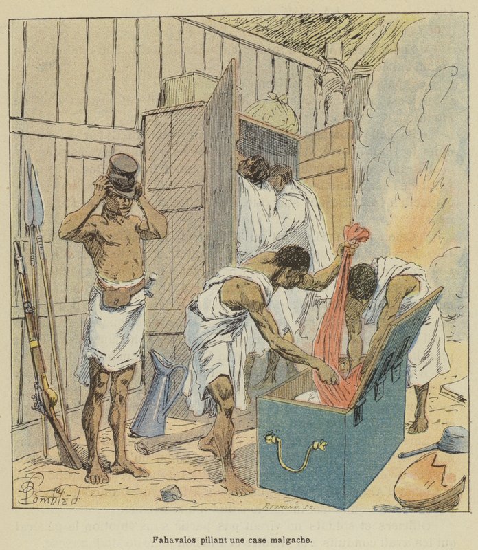 Fahavalos pillant une case malgache - after Louis Charles Bombled
