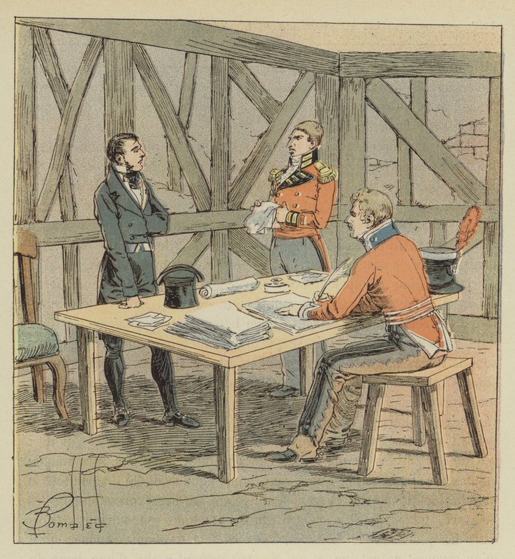 Hudson-Lowe interroge Las-Cases - after Louis Charles Bombled