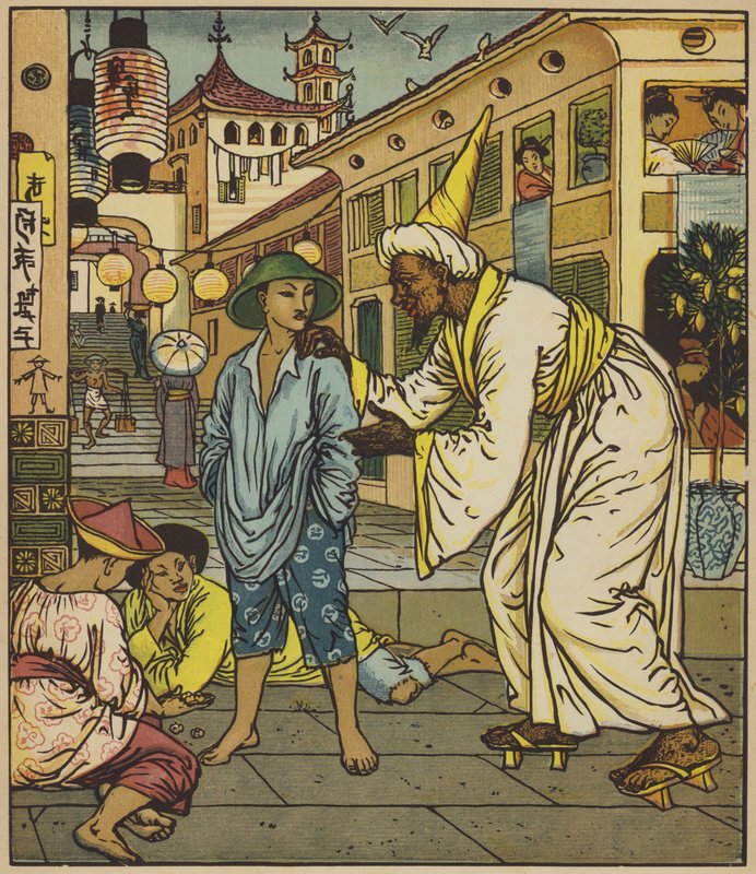 Le magicien aborde Aladdin - after Walter Crane